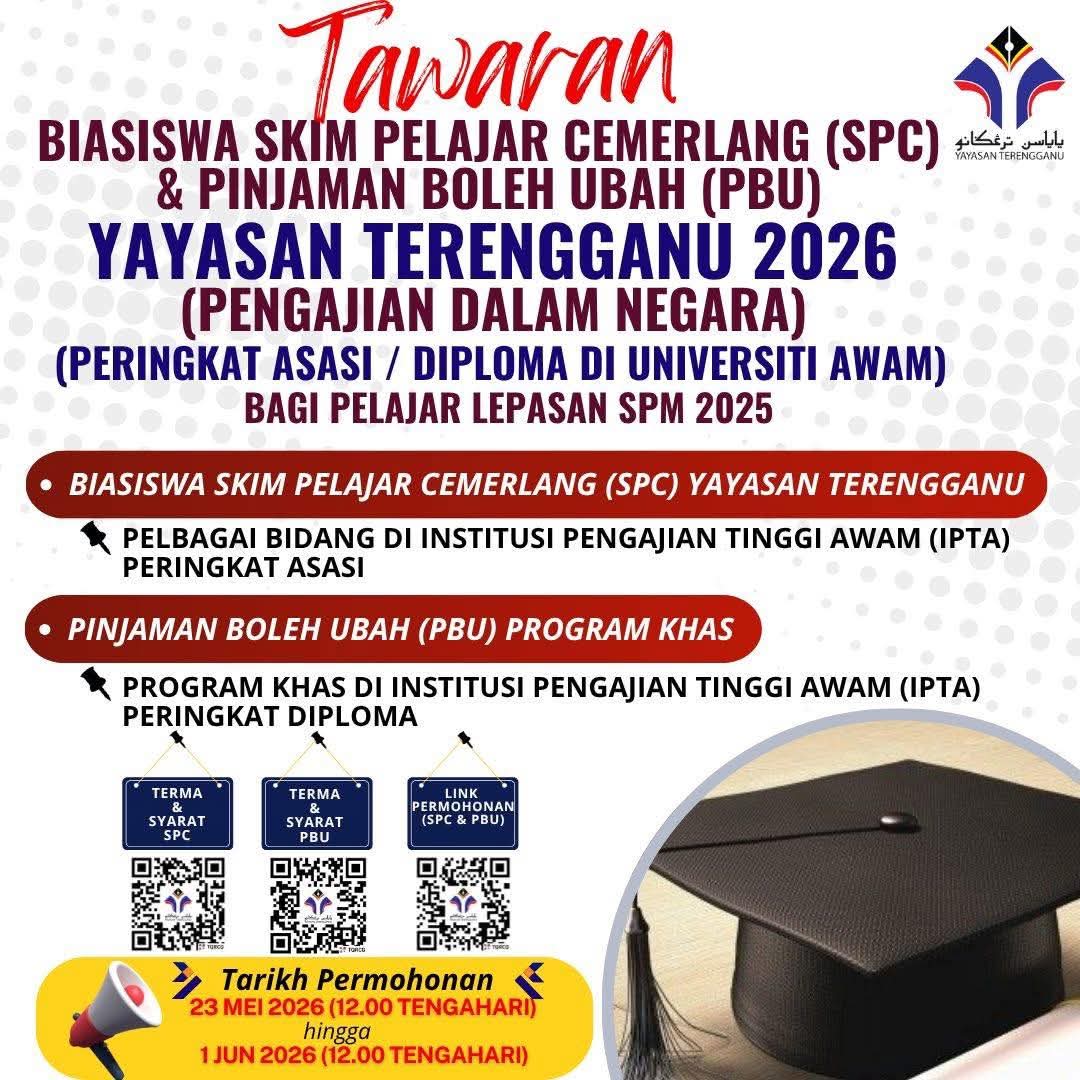 Yayasan Terengganu Buka Permohonan Biasiswa 